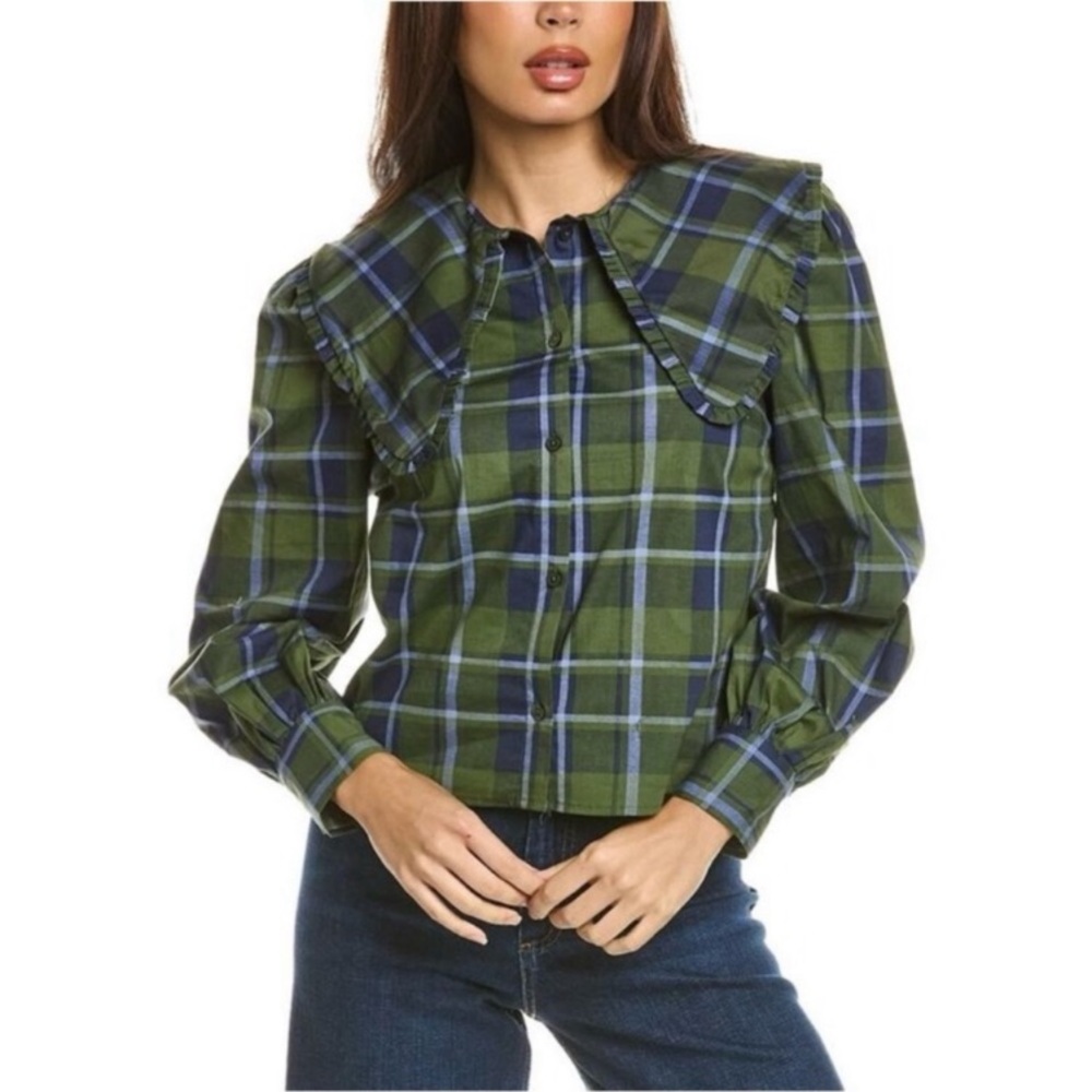 WeWoreWhat Puff Sleeve Plaid Oversized Collared Blouse NWT Academia - Picture 2 of 12